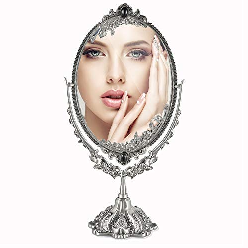 Luckymoo Vintage Double Face Retro Bronze Alloy Metal Table Makeup Dresser Desktop Decorative Mirror Embossed Frame Makeup Tool (Antique Pewter) #TOP5