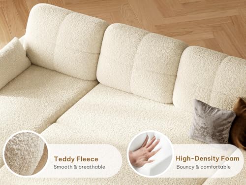 DWVO 105" Sectional Sofa Couch, 2 in 1 Sleeper Sofa Bed with Reversible Storage Chaise Pull Out Bed, U-Shape Sofa Bed for Living Room, Side Storage Pocket, Teddy Fleece, Beige