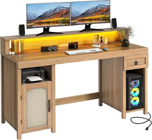 Image of DWVO Farmhouse Office Desk with Drawer & Power Outlets, Rattan Computer Desk w /LED Strip & Monitor Stand for Bedchamber Study, Home Office Table w /Storage Cabinet for Working Writing Gaming (Oak)