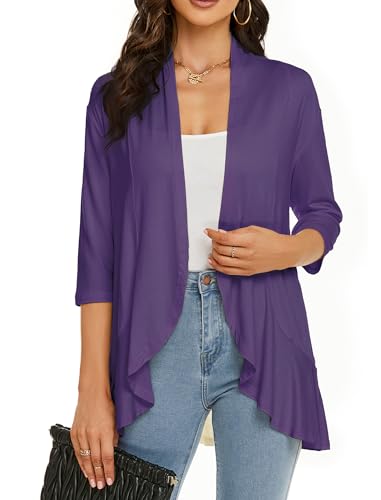 Image of YnimioAOX Women's Cardigan Lightweight Open Front 3 /4 Sleeves Draped Ruffles Knit Cardigan Sweaters