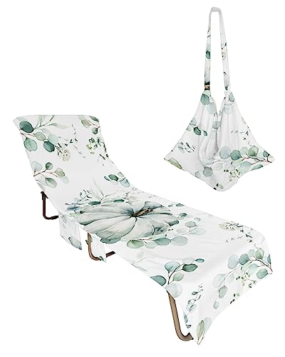 Green Eucalyptus Pumpkin Beach Chair Towel Covers for Chaise Lounge With Side Pocket, Soft Plush Pool Towels Cover for Patio Sunbathing Outdoor 29''x85'' Thanksgiving Fall Aesthetic Plant