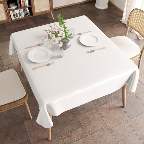 Image of Encasa XO Dining Table Cover Rectangular 120x120 cm | Waterproof Textured Polyester Dining Table Cloth | Machine Washable Tablecloth | ZZ White