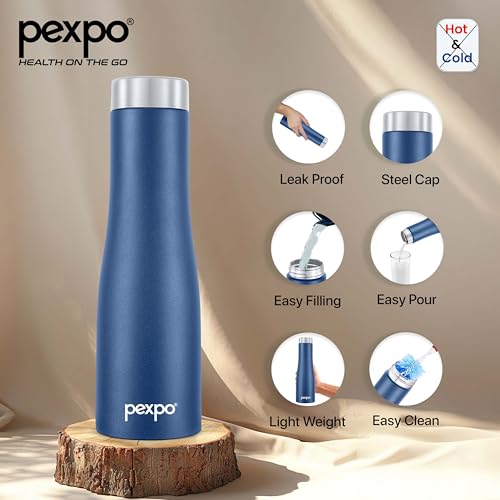 Image of Pexpo Monaco 1000 ISI Certified Stainless Steel Sports /Fridge Water Bottle with Steel Cap, 970ml, Denim Blue | BPA Free | Water Bottle for Office, Gym, School, Yoga, Trekking, Adults&Kids
