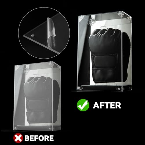 MMA Glove Display Case with Mirror Back, Single Holder, Acrylic Kickboxing Sparring Glove Half Finger Boxing Glove Display Case with Solid Base Stand, Watch The Video to Assemble
