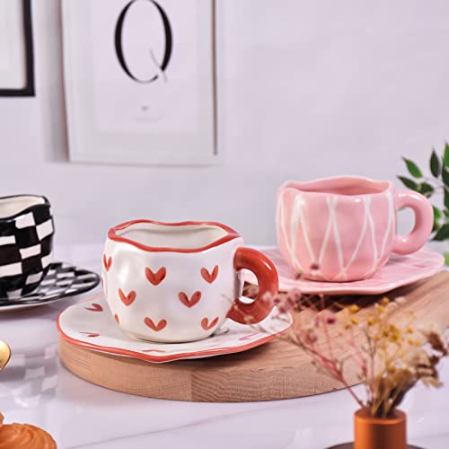 Koythin Ceramic Coffee Mug With Saucer Set, Cute Creative Cup Unique Irregular Design For Office And Home, Dishwasher And Microwave Safe, 10 Oz/300 Ml For Latte Tea Milk (Red Heart) #TOP7