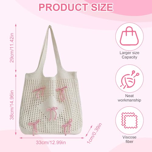Knitted Beach Tote Bag with Bow - 14.2 x 24 Inch Large Summer Beach Bag for Women, Lightweight Cotton Boho Handbag for Pool, Travel & Shopping (Pink)2