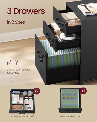 Image of VASAGLE 3-Drawer Mobile File Cabinet, Home Office, Locking, Printer Stand | Highlight: Small Rolling, A4, Letter-Size Hanging File Folders, Ink Black, CUSTOS Collection UOFC084BC01SV1