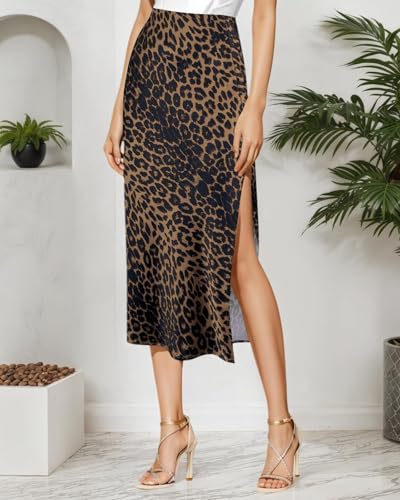 Image of Amy Babe Womens Satin Silk High Waist Slit Midi Skirt Long Skirts for Women | Elastic Waistband, Side Split, Midi Length, Below the Knee, Silky Fabric, Elegant, Fall Winter Outfits