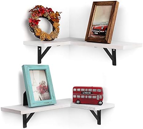 Olakee Corner Wall Shelves Rustic Wood Corner Floating Shelves for Bedroom Living Room Bathroom Kitchen Set of 2 White