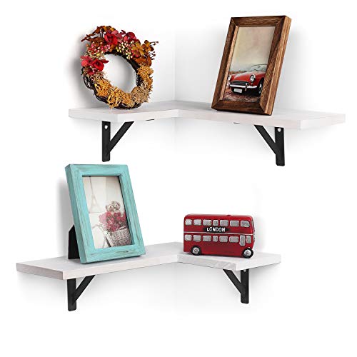 Olakee Corner Wall Shelves Rustic Wood Corner Floating Shelves For Bedroom Living Room Bathroom Kitchen Set Of 2 White #TOP13