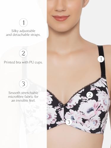 Image of Triumph Midnight Garden Bra for Women Padded Non Wired Seamless Bra Floral Printed T-Shirt Bra Wireless Full Coverage Lingerie Detachable Silky Straps with Elegant Lace Trim Pack of 1