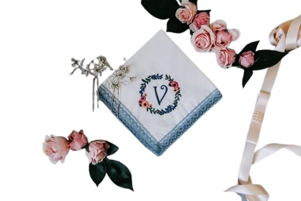 Shree adodhya women hankerchief with alphabet V embroidery,white colour and cotton handkerchief with blue lace. set of 2.-image-15