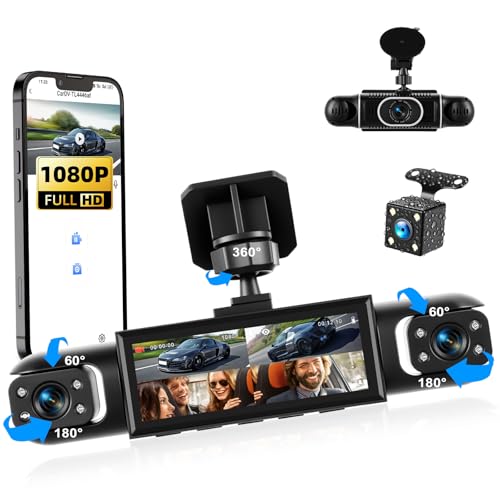 4-Kanal CAMECHO Dashcam Auto 1080P, 360° Rundumsicht mit 4 verstellbaren Kameras, 3.16 Zoll...