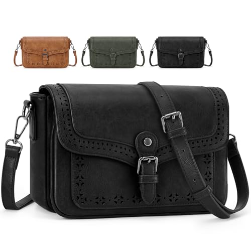 RAINSMORE Sac Bandoulière Femme Motif Ajouré Sac à Main Bandoulière Femme Cuir PU avec Sangle Réglable pour Shopping Travail Voyages Noir