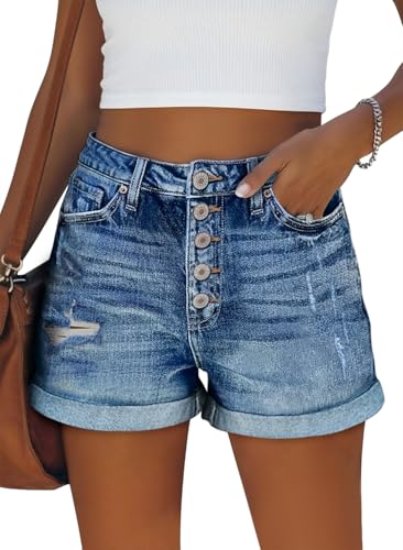 Image of onlypuff Women Denim Shorts Ripped Mid Waisted Jean Shorts with Pockets