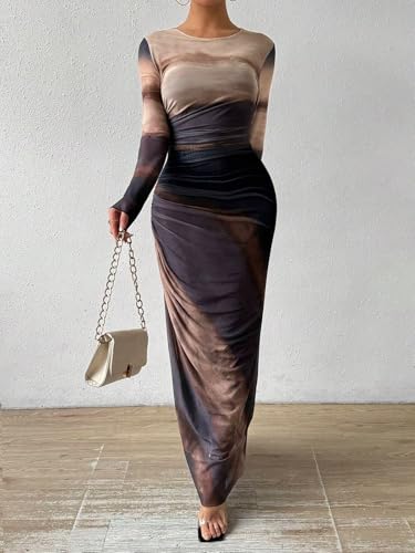 Image of Womens Long Sleeve Maxi Dress Mesh Bodycon Spring Fall Formal Wedding Guest | Tie Dye Ruched Night Out Cocktail Party Long Dresses