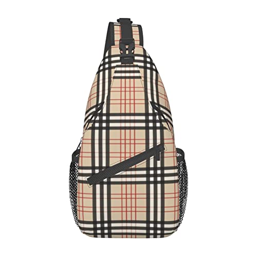 Mvirnsw Beige Plaid Tartan Checkered Sling Bag Crossbody Backpack Hiking Travel Daypack Chest Bag Shoulder Bag For Women Men