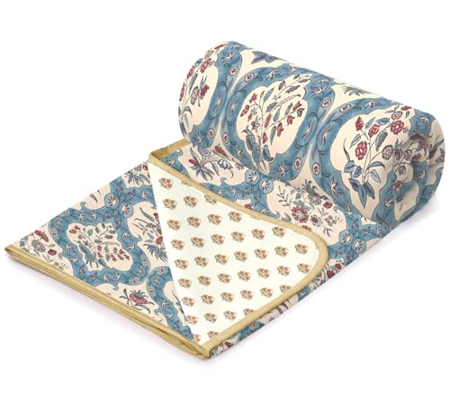 Image of Homestan Reversible All Season Cotton Feel Dohar for Double Bed,Soft Light Weight AC Blanket /Comforter for Summer /Winter /Monsoon (84x88 Inches, Jaipuri Motifs)
