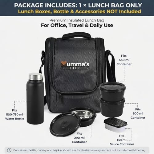 Image of Mumma's LIFE- Insulated Lunch Bag for Office Use Men & Women | Fits Up to 3 Lunch Boxes with Space for Sauce Box, Water Bottle, Cutlery & Napkin | Tiffin Box Carry Bag with Handle Strap (Black)