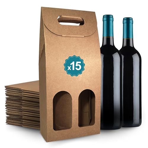 15 Cajas de Cartón para 2 Botellas de Vino 18x9x40 cm | Estuche de Regalo Kraft Marrón para Vino | Caja de Embalaje para Regalos – Navidad, Pascua, Cumpleaños