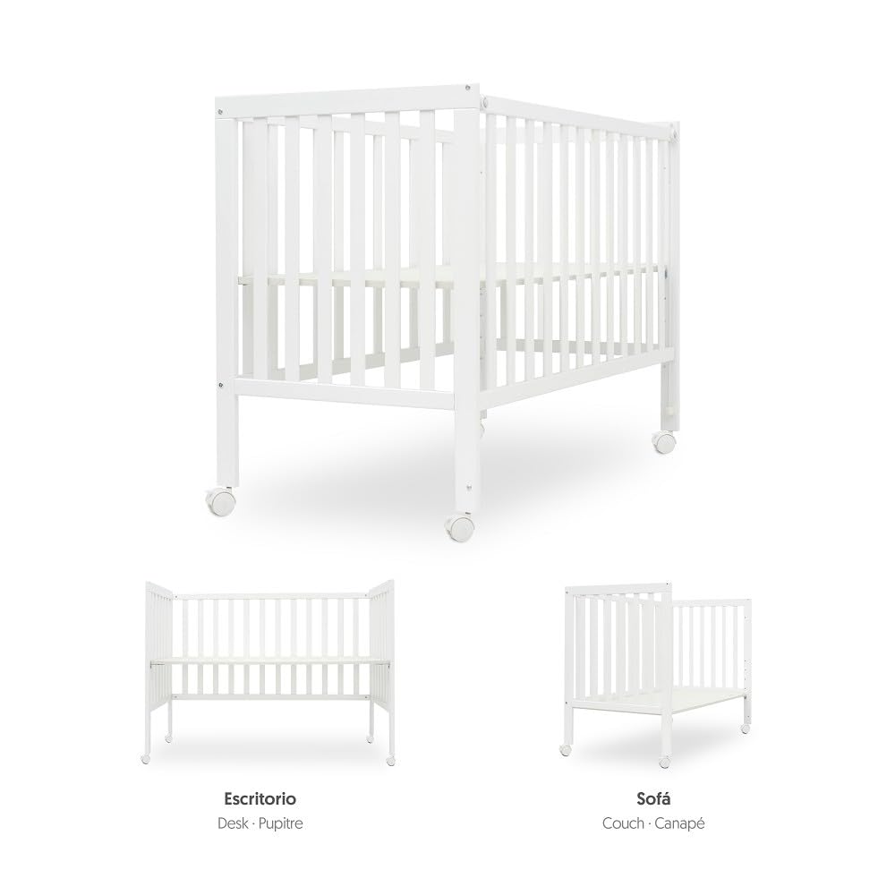 Interbaby Cuna Bebé Colecho Convertible 120x60 Evolutiva Madera (Blanco) | Cuna colecho evolutiva madera, altura regulable, ruedas con freno, convertible en escritorio y sofá