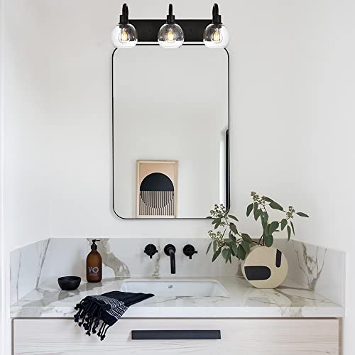Image of 3-Lights Vanity Lights Globe Glass Rustic Bathroom Light Fixtures for Over Mirror Kitchen with Seeded Lampshades
