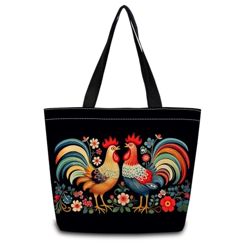 ZhuVantrix Folk Art Rooster Tote Bag Reusable Grocery Bags Cute Aesthetic Shopping Shoulder Handbag with Interior Zipper Pocket Lightweight & Washable Stylish Folk Art Rooster Present for Women