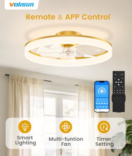 Image of VOLISUN Low Profile Ceiling Fans with Lights and Remote, 24in Fandelier Ceiling Fan Flush Mount, 3000K-6500K Smart Bladeless LED Fan Light, Gold Modern Ceiling Fans with Lights for Bedroom