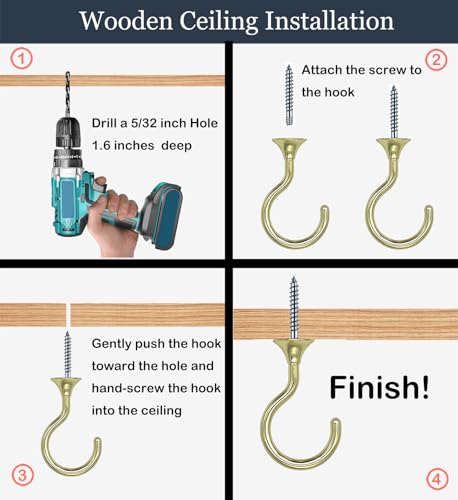 Image of Heavy Duty Ceiling Hooks for Hanging Plants 2 Pack (Gold) | Holds 30 lbs on wood & concrete, 20 lbs on drywall; 2.4 inch zinc alloy swag hook for chandeliers, macrame & wind chimes