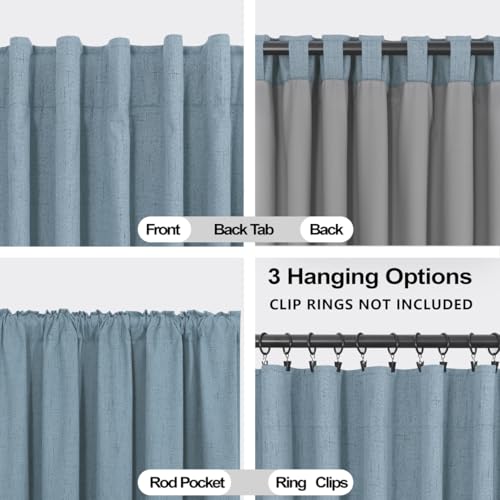 Image of KOUFALL 90 Inch Stone Blue Linen Blackout Curtains, Thermal Insulated Blue Grey Black Out Curtains for Boys Bedroom, Wide 52 x 90 Inch Long, 2 Panels Set