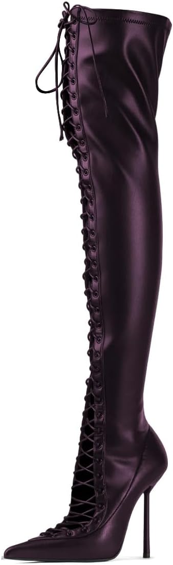 miss left Women Elegant Pointed Toe Lace up Over The Knee Boots Thin High Heel Party Prom Club Dressy Thigh High Boots Size 4-16 US