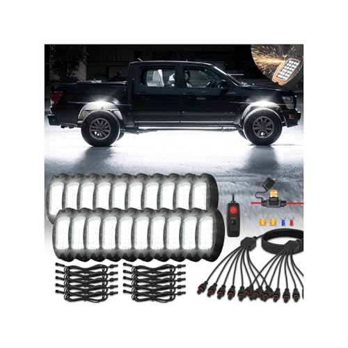 20Pods Metal All Pure White LED Rock Lights Full Kit Plug and Play&Pre Wired 6500K with Switch Wiring Harness Extension Fuse, 480Chip Aluminum Waterproof Underglow 12V for Semi Truck Pickup Offroad