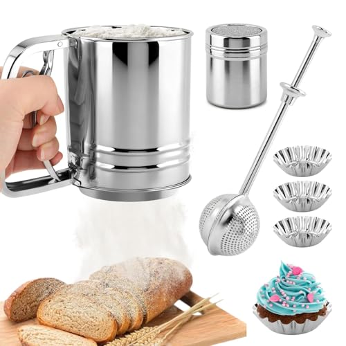 4-in-1 Stainless Steel Flour Sifter with Powdered Sugar Duster - Ideal for Baking Cakes, Pastries, and Desserts