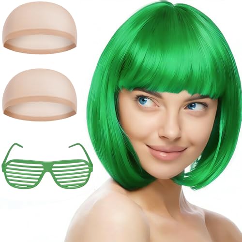 AUYAO Peluca Verde Brillantes, Recta Corta Peluca de Anime Cosplay con Redecilla Pelo, Pelucas Corto Bob con Flequillo, Pelucas de Color Neón para Halloween Carnaval de Mujer y Niñas