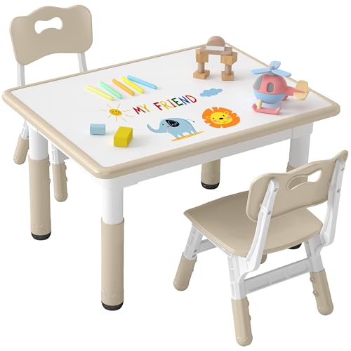DOREROOM Kids Table and 2 Chairs Set, Height-Adjustable Toddler Table and Chair Set with Graffiti Desktop, 31.5''L x 23.6''W Children Activity Table for Daycare, Classroom, Home