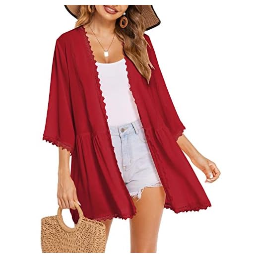 ELESOL Womens Cardigan Open Front 3/4 Sleeve Chiffon Summer Beach Kimono Swimsuit Coverup Cover Up Tops,White,XL