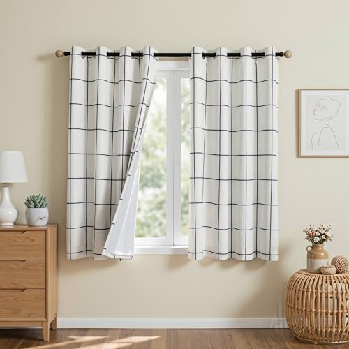 Image of MYSKY HOME 100% Blackout Plaid Farmhouse Linen Short Curtains 54 Inch Long 2 Panels Set - Double Layer Checkered Thermal Insulated Privacy Protection Drapes for Bedroom, 52 inch W Each Panel, Black