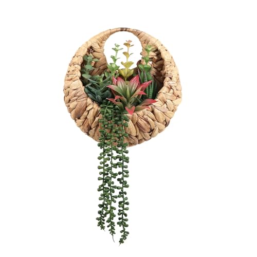 Hessessl Fake Plants Hanging Artificial Succulents Plants in Woven Basket, Faux String of Pearls Greenery Plants for Living Room Bathroom Boho Wall Decor