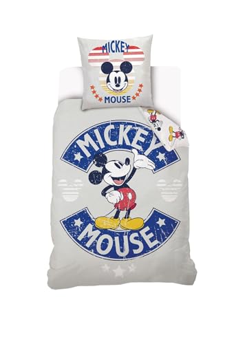 Disney - Housse de Couette Mickey Mouse Disney 140x200 cm + 1 Taie d'oreiller 63x63 cm - 100% Coton - Gris