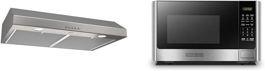 Broan-NuTone BCSQ130SS Three-Speed Glacier Under-Cabinet Range Hood with LED Lights ADA Capable & BLACK+DECKER Digital Microwave Oven with Turntable Push-Button Door, Child Safety Lock