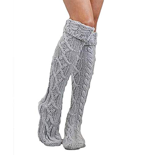 Womens Winter Warm Cable Knit Over Knee Long Boot Thigh-High Socks Leggings (One size, Grey)