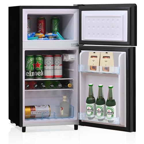 Merax Retro-Mini-Kühlschrank, 72L Getränkekühlschrank mit 21L Gefrierfach, Schwarz Kühlschrank Klein mit 2 Ablagen, Mini mit Glastür für Büro Camping Outdoor