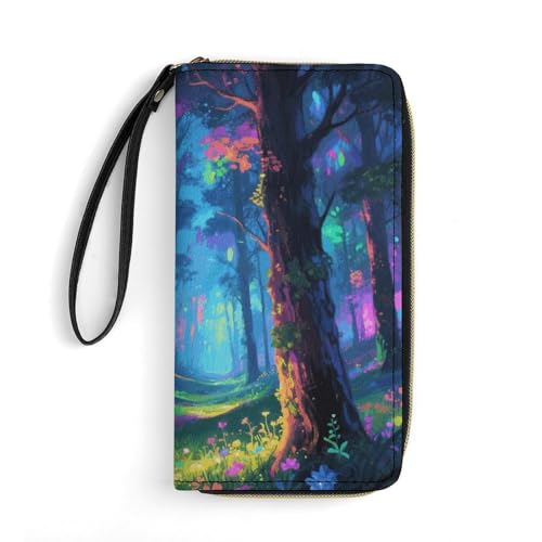 Portefeuille en cuir pour femme forêt fluorescente grand format avec zip