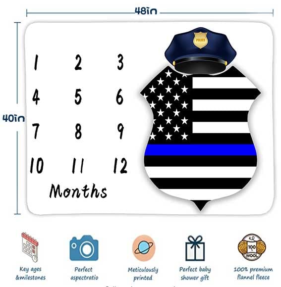 Image of American Flag Milestone Blanket Police Cap Blue Line Flag | Warm Swaddling, Room Decoration, Warm Swaddling Blanket, 48x40in, BTZZFH86