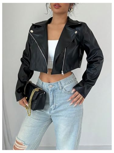 Floerns Women's Y2k PU Leather Jacket Motorcycle Long Sleeve Rave Cropped Outerwear Coat4