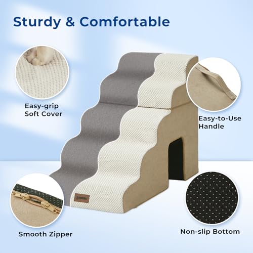 Dog Stairs for Large Dogs - 24" H Pet Stairs Ramp for High Bed 2 in 1 with Zippers Suitable for Cats, Indoor Cat Ladders with Non-Slip Bottom, Beige - Image 4