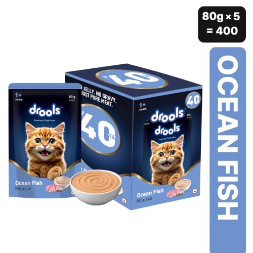 Image of Drools Adult Cat Wet Mousse 80g Pack of 5, 400g | Ocean Fish Flavour | Rich in Protein, Hydrating & Easy to Digest | No Artificial Flavours | with Essential Vitamins & Antioxidants