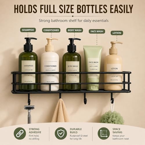 Image of DALUCI Bathroom Organiser Without Drill GI Steel Self Adhesive Bathroom Shelf Rack Stand for Wall Rustproof Shampoo Holder Bathroom Kitchen Shelf Bathroom Accessories Set (Black, 2 Pcs)
