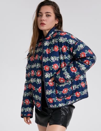 Women's Cropped Puffer Quilted Jacket Lightweight Long Sleeve Padded Floral Print Puffy Cardigan Outwear Coat3