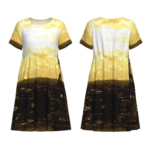 Robe à manches courtes d'été fluide style Tour Eiffel pour femme avec poches intégrées - 5